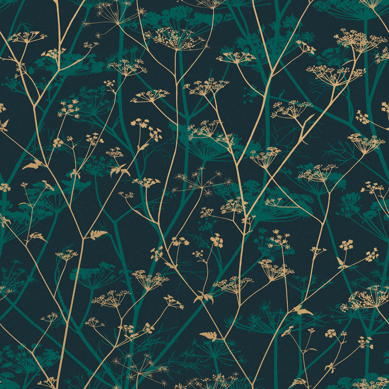 Floral Metallic Wallpaper Roll, Kingfisher/Gold