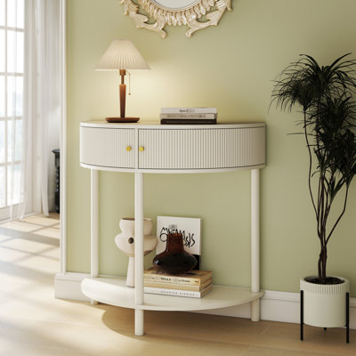 Table d'appoint à motif ondulé, rangement double et finition beige vanille crémeuse pour entrée, tiroirs blancs à motif ondulé, bureau