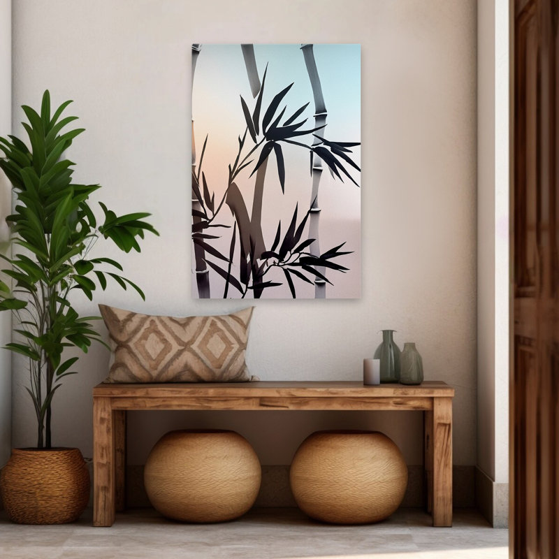 Silhouette de bambou minimaliste avec lueur douce II - art abstrait de bambou aquarelle paysage, H 48 po x l 32 po