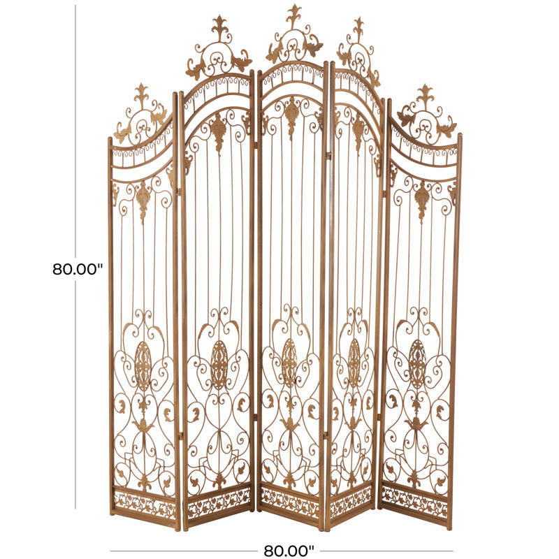 Metal Hinged Foldable Arched Partition 5 Panel Partition Room Divider Screen with Acanthus Design