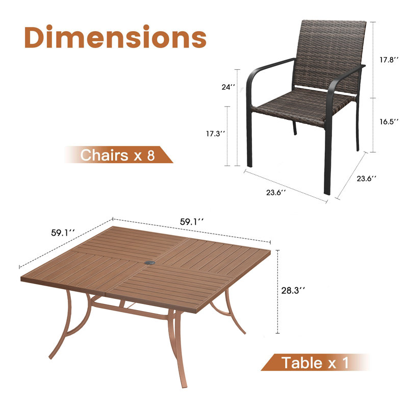 Ensemble repas pour 8 personnes avec table de salle à manger en métal 59 po et 8 chaises en rotin, Brun / Noyer