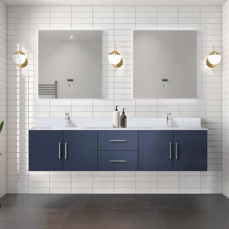 Meuble-lavabo double l 80 po x P 22 po, comptoir en quartz blanc, Bleu, 80"