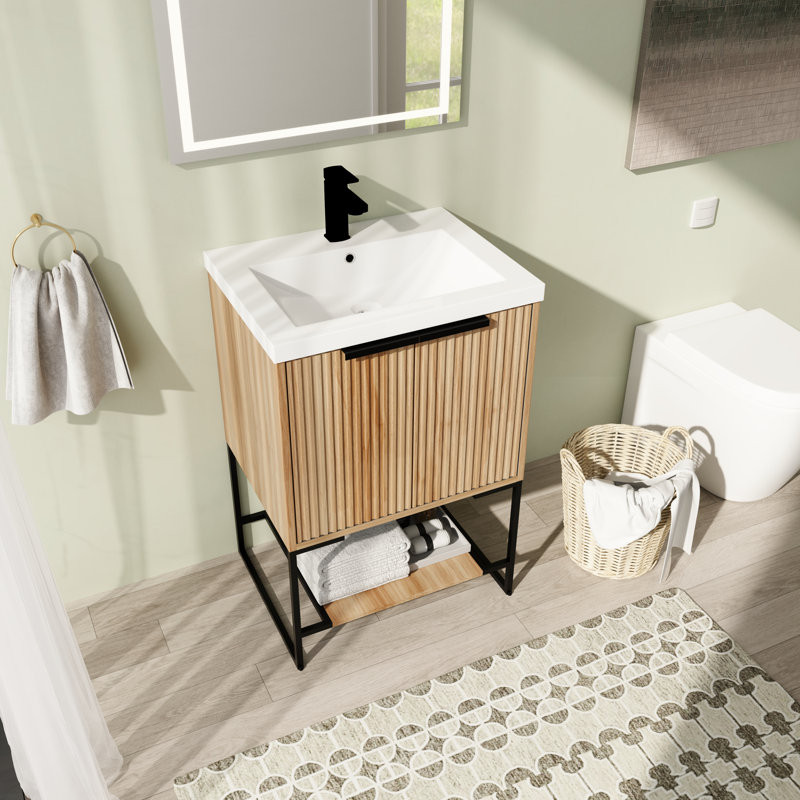 Creech 24'' Single Bathroom Vanity with Resin Top, Light Brown, Matte Black