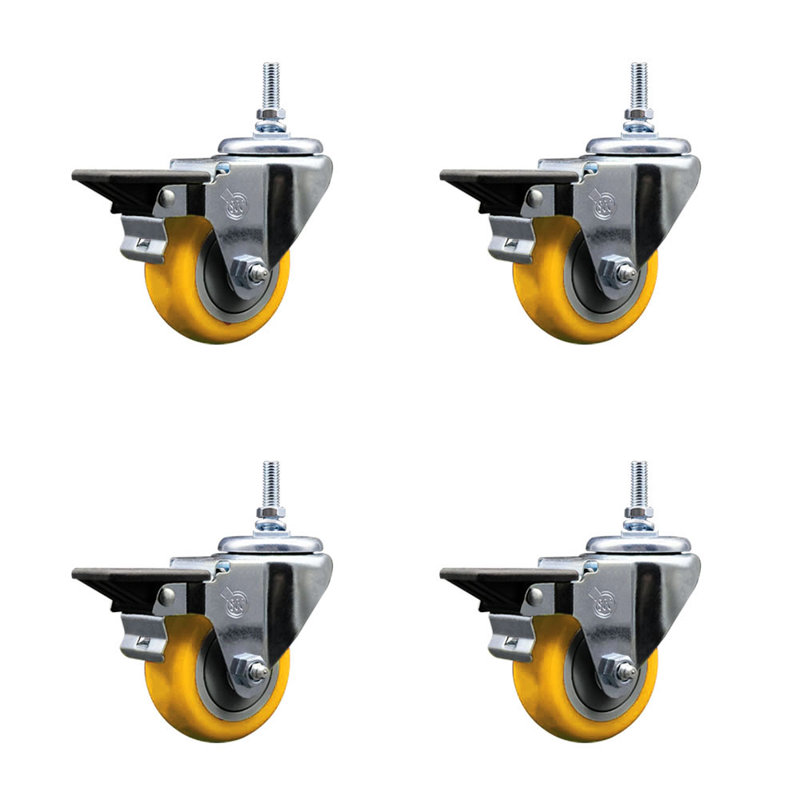 Ensemble de roulettes à tige filetée en polyuréthane 12 mm 3 pouces avec frein, H 8 po x l 8 po x P 8 po, Jaune