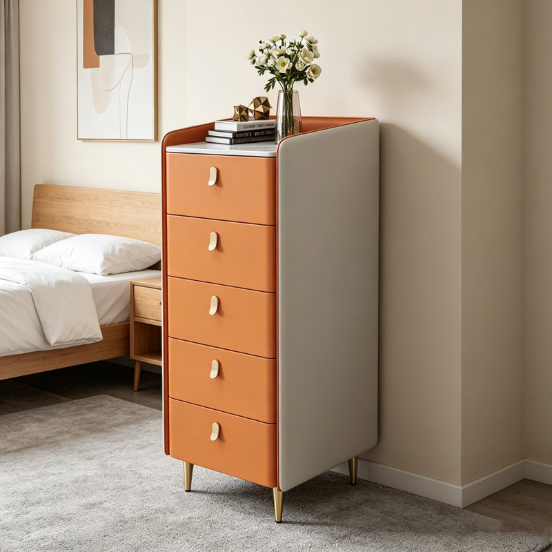 15.75" Modern Light Luxury 5 Drawer Chest Narrow Vertical Sintered Stone Top Cabinet
