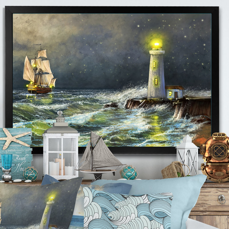Phare sur la plage - art nautique et côtier sur toile, Cadre d'angle fermé noir, H 8 po x l 12 po x P 1 po