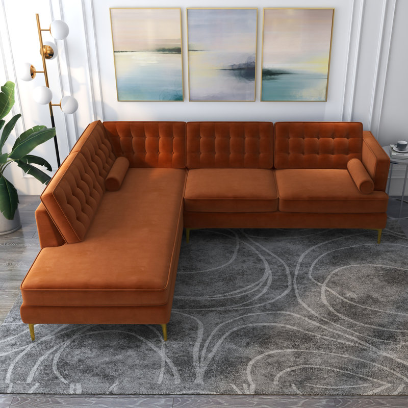 Canapé et chaise longue en velours de 101 po Noam, Velours orange, Accoudoir à gauche (vu de face)
