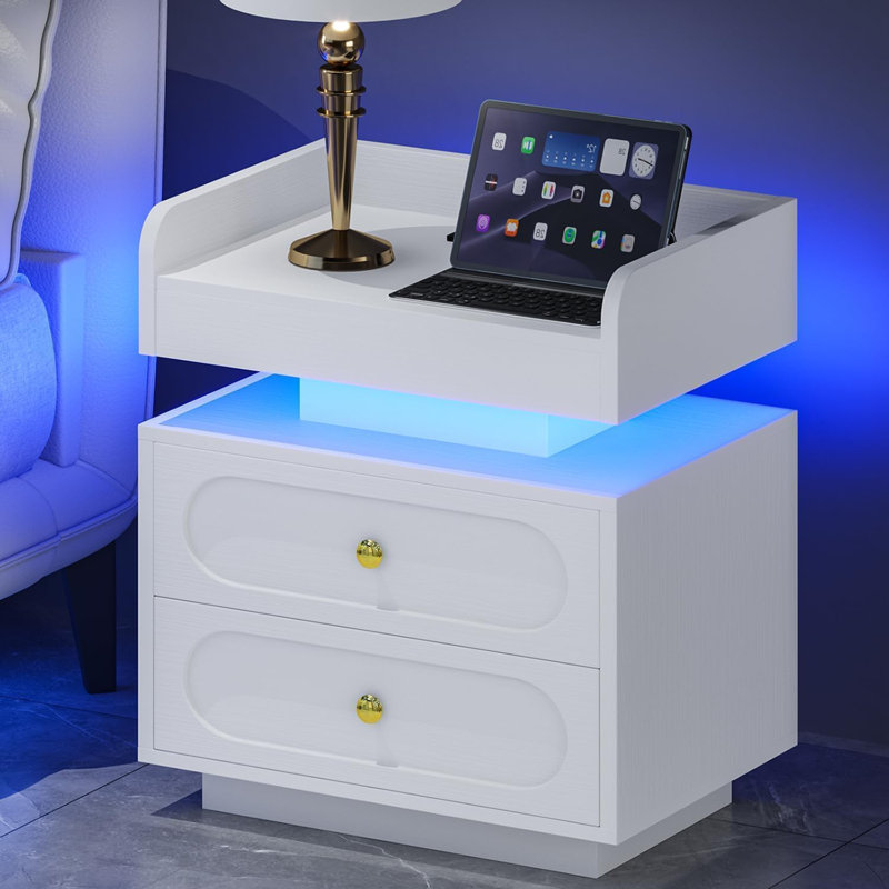 Nightstand with Charging Station LED Lights, Modern Led End Table for Bedroom 2 set, White, Set of 2