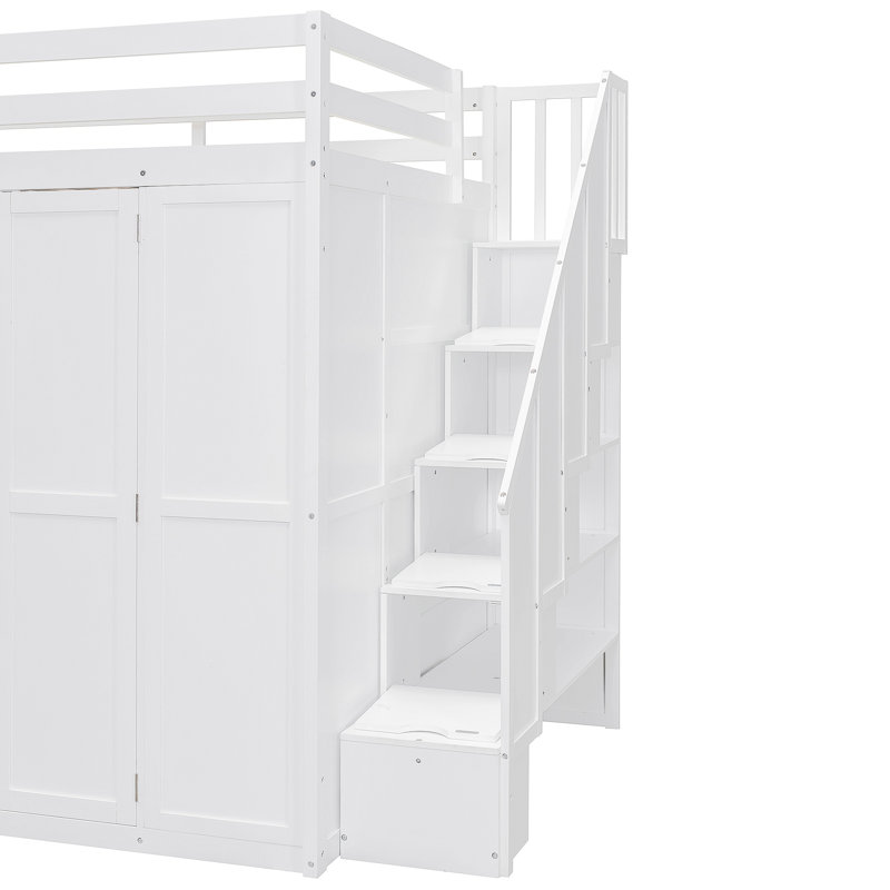 Lit mezzanine avec garde-robe, bureau et tablettes, Blanc