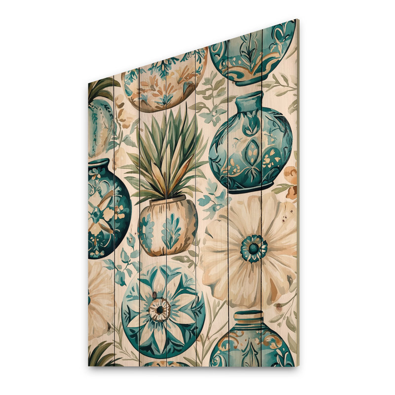 Poterie verte et blanche III - Global Wall, décoration murale sur bois de pin naturel, H 32 po x l 24 po