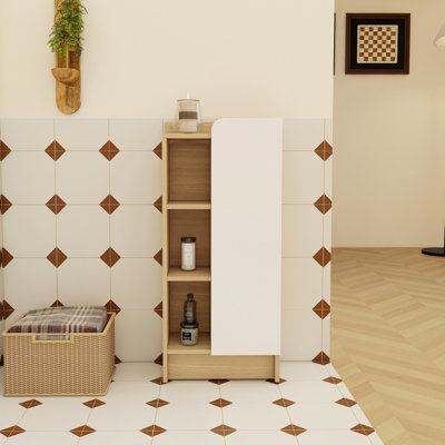 Armoire de rangement étroite avec porte simple et tablettes ouvertes à 3 niveaux