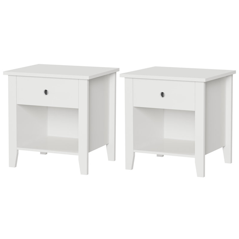 White Manufactured Wood End Tables with Drawer and Storage Shelf, Set of 2