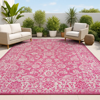 Tapis d'intérieur / extérieur à motif floral fuchsia / gris clair Delcine