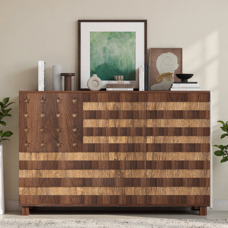 55.4" Fluted Buffet Cabinet With Storage, 3 Door Carved Accent Sideboard Cabinet, Walnut