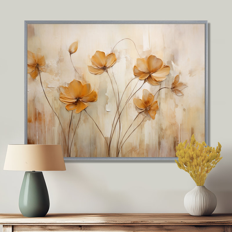 «Beige Botanical Impressions IV», reproduction d'art mural abstrait, H 12 po x l 20 po x P 1 po, Encadrement argenté