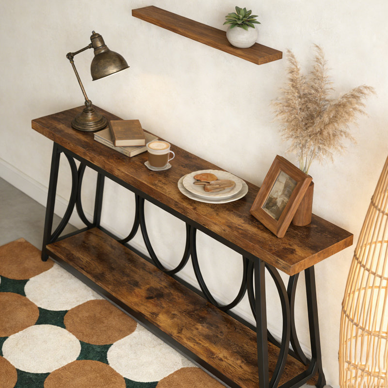 70.9” Extra Long Industrial Console Table with 2-Tier Storage Shelves, Black & Brown