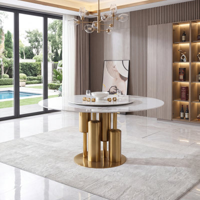 59 Inch Round Dining Table with Lazy Susan, Sintered Stone Top & Gold Base