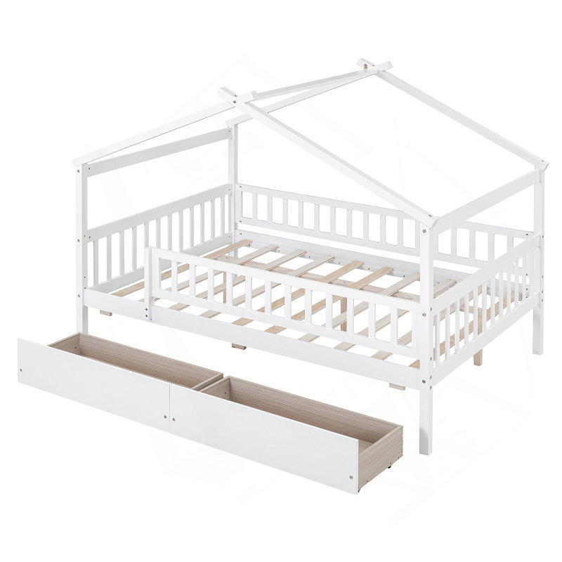 Wooden House Bed with Two Drawers