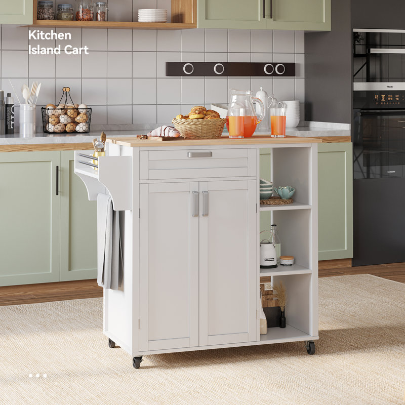 34.83" Wide Rolling Kitchen Island With Wood Top, White, Light Brown