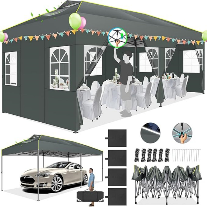 Pavillon de jardin 10 x 20 avec 6 parois latérales amovibles, Gris