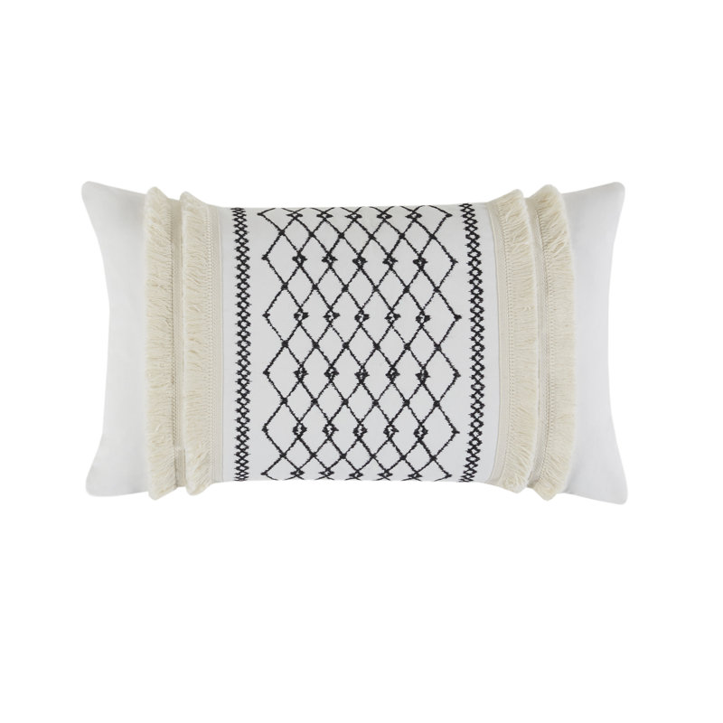 Bea Embroidered Cotton Oblong Pillow with Tassels, Ivory/Black