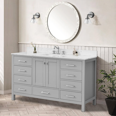Meuble-lavabo 60 po en bois massif gris avec lavabo simple et tiroirs à fermeture en douceur