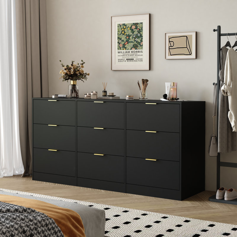 63"W 9-Drawer Dresser Cabinet Chest Of Drawer With Gold Handle, Black