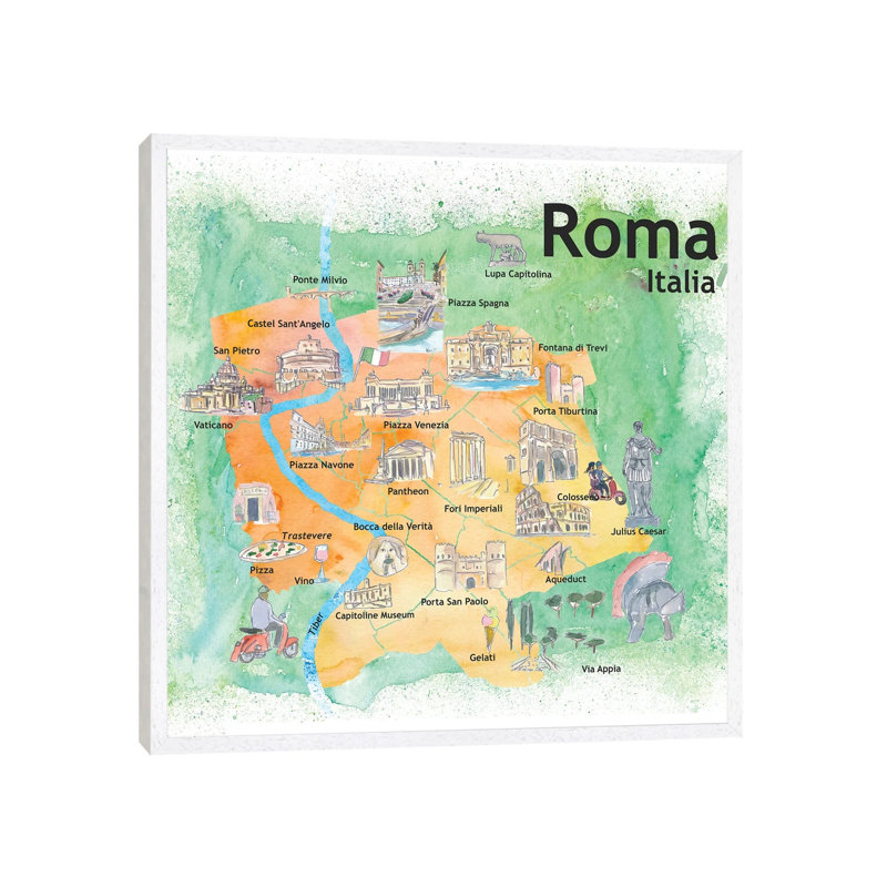 Rome Italy Illustrated Travel Poster 1 Piece Painting on Canvas, 66.04cm H x 66.04cm W x 3.81cm D, White Floater Framed