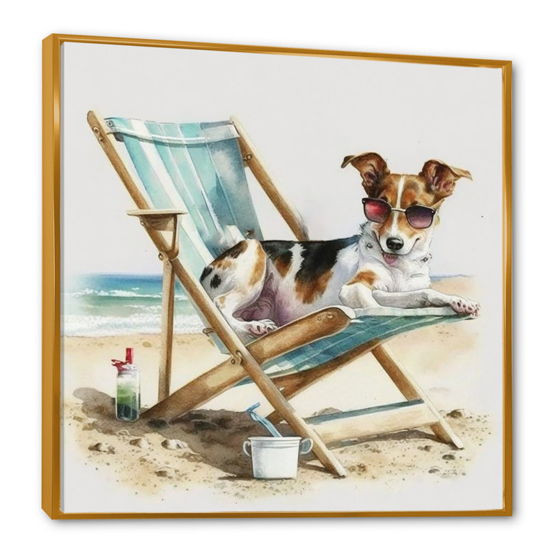 Chien couché sur une chaise à la plage III - reproduction sur toile, H 16 po x l 16 po x P 1 po, Toile avec cadre flottant or