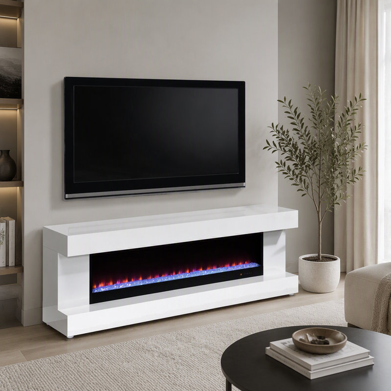 Meuble télé moderne laqué brillant avec visionneuse de flamme intégrée et système audio sans fil pour salon, Blanc brillant