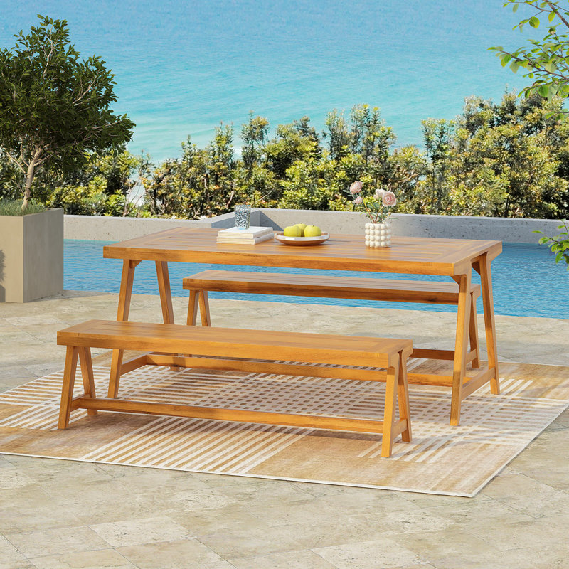 Ensemble de table de pique-nique d'extérieur 3 pièces, ensemble de salle à manger de patio contemporain en bois d'acacia avec bancs - toutes saisons et compact pour balcon, terrasse, camping