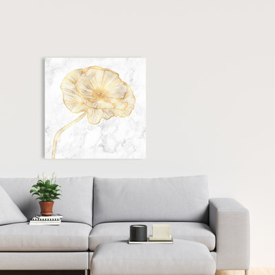 Toile à motif de pavot doré | Décoration murale blanche pour chambre à coucher
