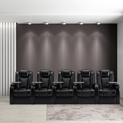 Gray Leather Power Reclining Home Theater Seating with Cup Holder