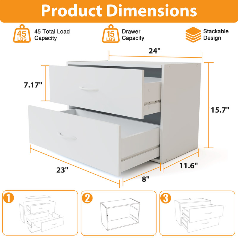 Ensemble de 1 commode à 2 tiroirs en bois blanc avec commode modulaire l 24 po pour chambre à coucher, Blanc, 1