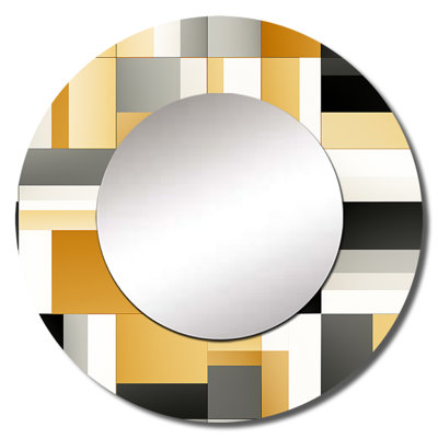 Rillio Taupe Geometric Blocks Harmony - Geometric  Wall Mirror, Modern Round Decorative Mirror, Printed Metal Art