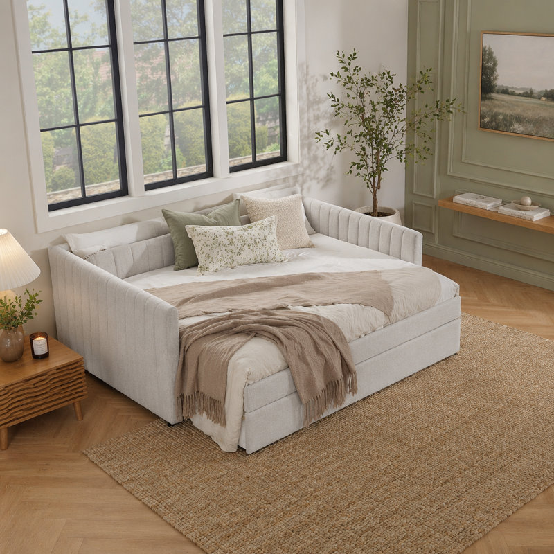 Daybed with Trundle Upholstered Sofa Bed, Beige, Full/Double