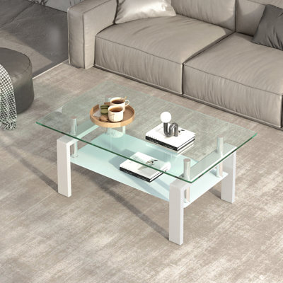 Table basse de salon en verre trempé transparent, 2 couches