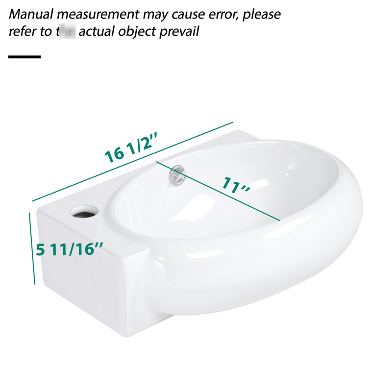 Lavabo de salle de bain mural en céramique blanc 16 x 11 pouces, trou de robinet simple, acide, surface lisse, faible absorption d'eau, résistance à l'apparence moderne, décor