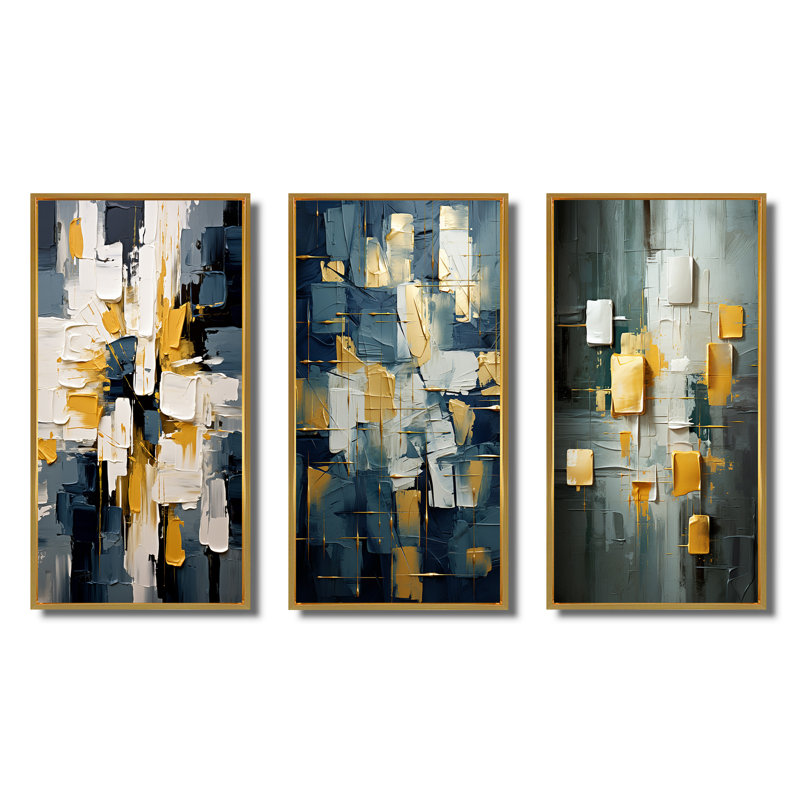 Yes To Everything Abstract Nova Blue - Abstract Painting Art Set Of 3 Pieces, H 20 po x l 36 po, Encadrement doré