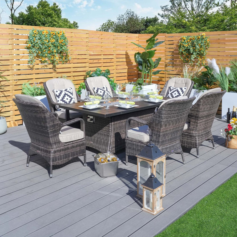 6 - Person Wicker Patio Dining Set with Rectangular Table , Cushions Included, Brown, White