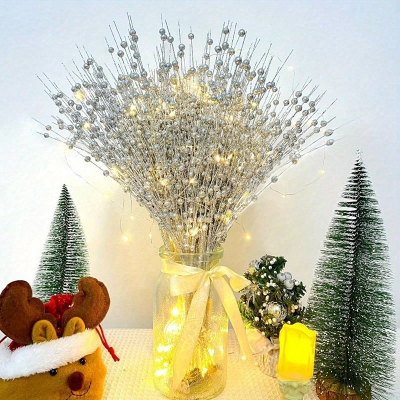 20Pcs décorations de Noël de paillettes artificielles de baies décoratives, baguettes de Noël, rameaux scintillants, branches pour arbre de Noël, couronne, vase, décorations de fête, décorations de Noël