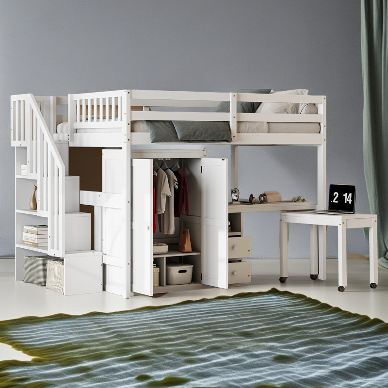 Lit mezzanine avec escalier, Lit double, Blanc