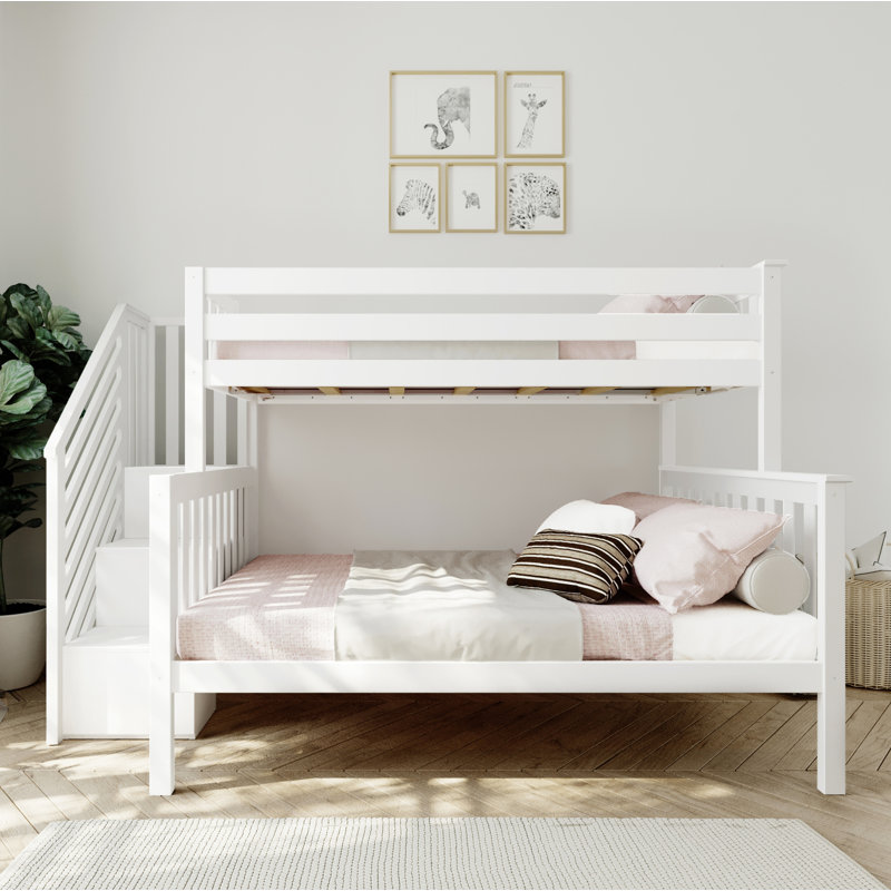  Lit superposé standard en bois massif avec escalier Bolles, Blanc, Simple sur double