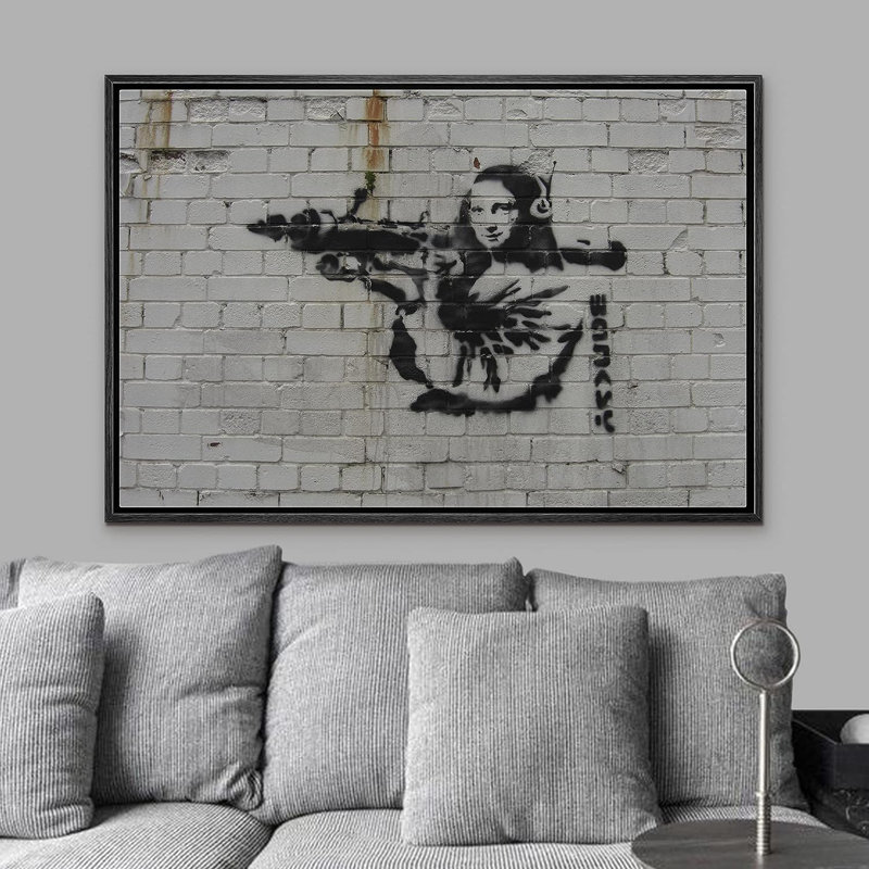 Banksy Mona Lisa avec lance-roquettes sur toile, H 24 po x l 36 po x P 1,5 po, Cadre flottant noir