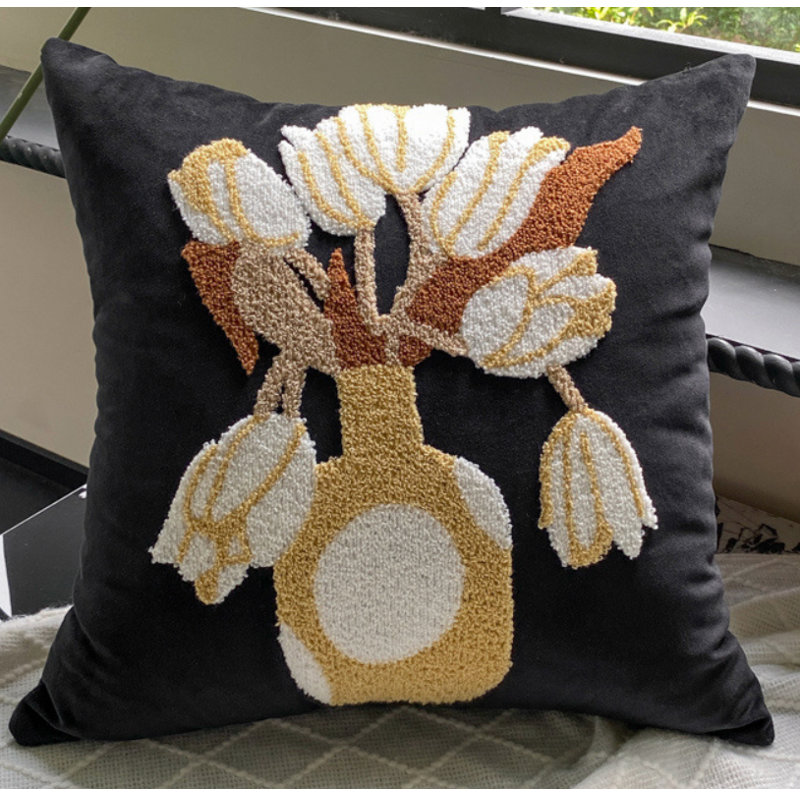 Cushion Cover, Square 45cm, Black/Cream Plants & Flowers