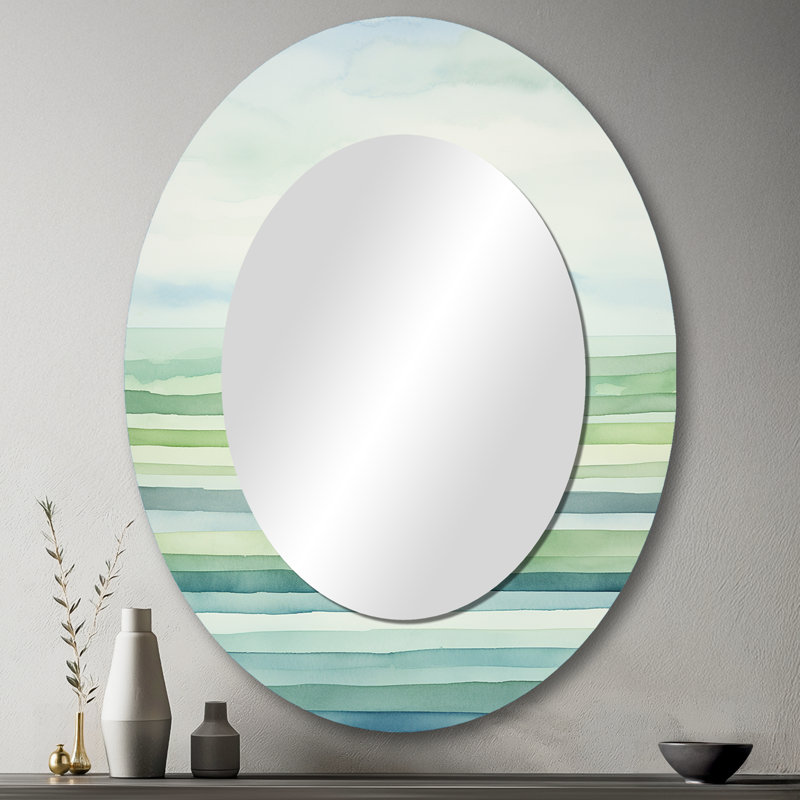 Minimalism Harmonic Horizon Landscape II - Green Modern Oval Wall Mirror, 43" x 33"