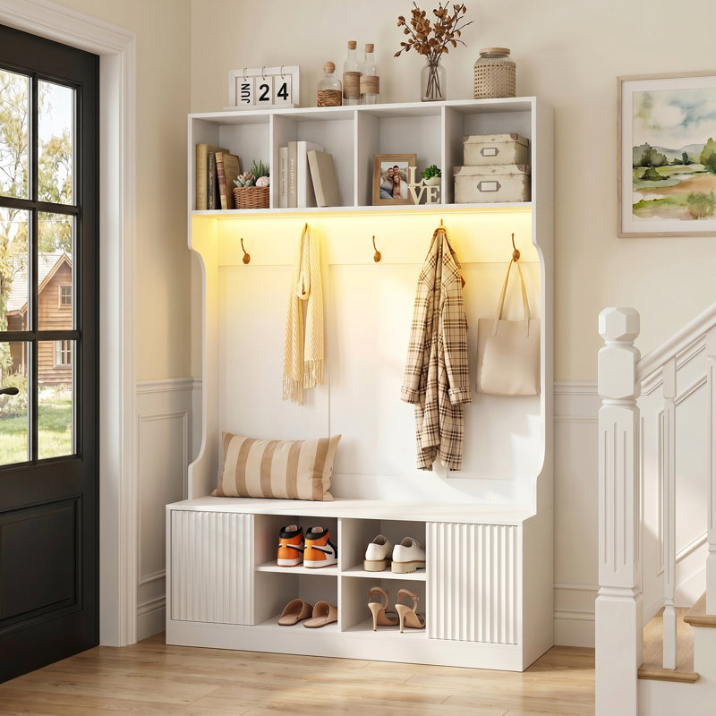 Extra Large Hall Tree with Bench and Shoe Storage, Multi-Purpose Entryway Bench with Coat Rack, 5 Double Hooks and 8 Open Compartments