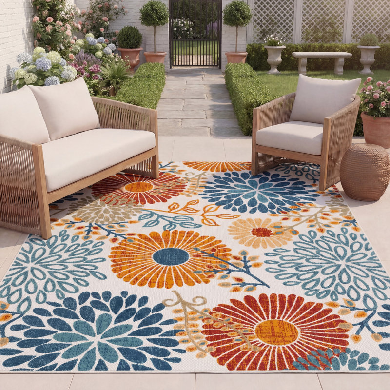 Tapis d'intérieur / extérieur floral Kellems Performance, Rectangulaire 2 pi x 4 pi, Blue/Orange/Cream