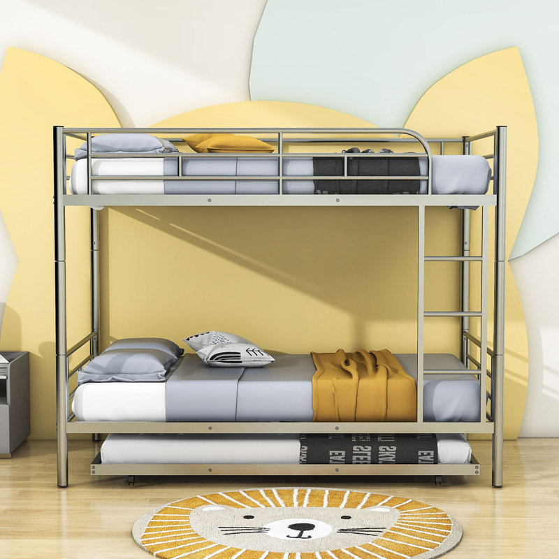 Twin Over Twin Metal Standard Bunk Bed With Twin Size Trundle, Silver