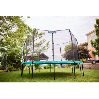 Trampoline d'extérieur rond 12 pi avec coussin de printemps bicolore bleu sarcelle / noir et sac de rangement Skywalker Trampolines Signature Series